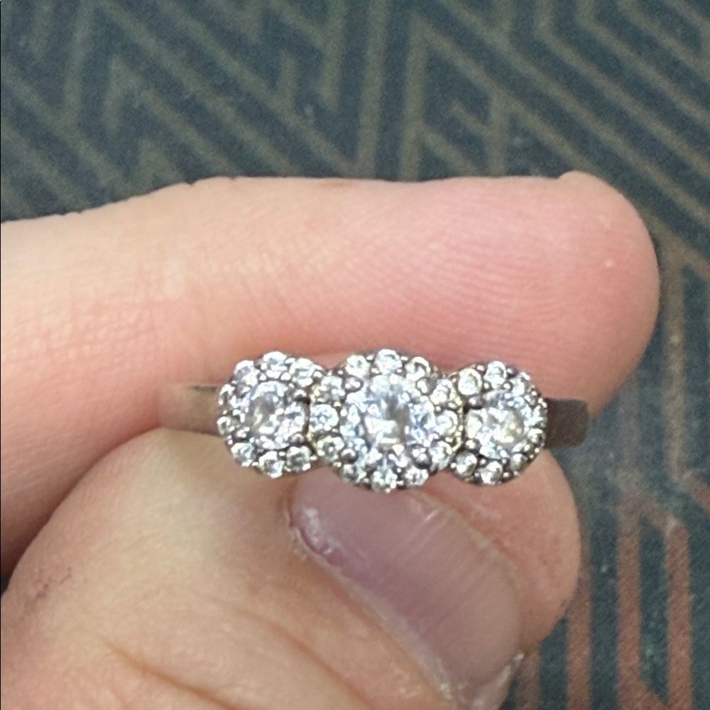 Three-Stone Halo Diamond Ring in Silver